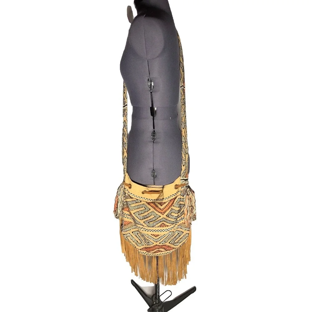 Vtg Y2K Boho Crossbody Bag Fringe Woven Festival Coachella Tribal a+p Denim - Picture 8 of 16